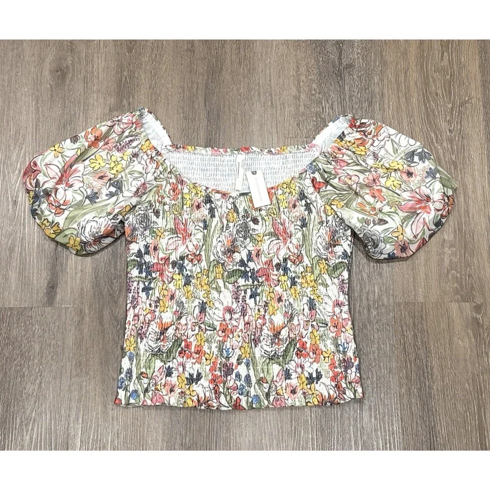 Anthropologie Smocked Top Large Floral Mesh Puff Sleeve Boho Coquette NEW